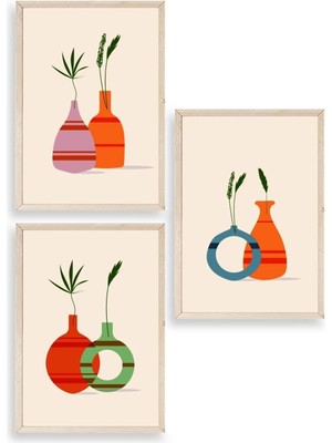 Yazline Global Çiçek Desenli Üçlü Ahşap Çerçeveli Tablo 30 x 42