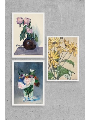 Yazline Global Vazodaki Çiçekler Üçlü Ahşap Çerçeveli Tablo 23 x 30