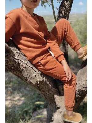 Cigit Basıc Karyoka Detaylı Sweatshirt Takım 3-8 Yaş kiremit