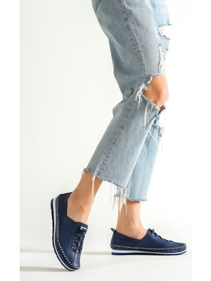 Tarçın Hakiki Deri Lacivert Kadın Deri Babet TRC116-0051