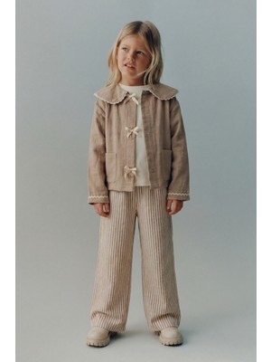 Magu Kız Çocuk Pamuklu Kahve Denizci Yakalı Bağcıklı Ceket Çizgili Pantolon Takım - Cep Detaylı