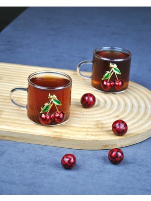 Qualitev 2'li Kirazlı Cam Mini Kupa Kiraz Çay Bardağı 130 ml Kahve Fincanı Yılbaşı