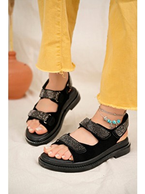 Khayt Valeria Kadın Anatomik Ortopedik Taşlı Sandalet Düz Topuklu Günlük Kullanım İçin