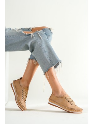 Tarçın Hakiki Deri Bej Kadın Deri Babet TRC116-0061