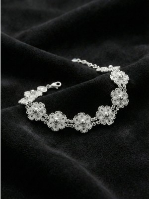 Roza Silver 925 Ayar Geleneksel Telkari Elişi Çiçek Motifli Sıralı Gümüş Bileklik (Ayarlanabilir)