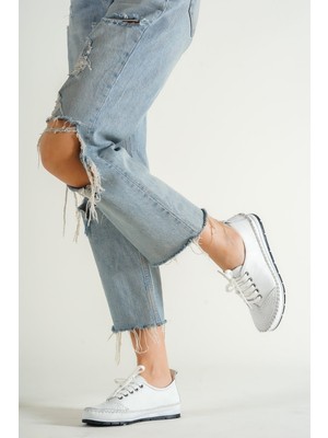 Tarçın Hakiki Deri Beyaz Kadın Deri Babet TRC116-0061