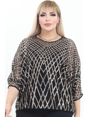 Ladies First Büyük Beden 4025 Siyah-Altın Bluz+Bady Ikili Takım Şık ve Rahat Tasarım