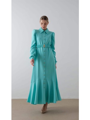 Miha Beli Lastik Kemerli Düğmeli  Elbise Mavi