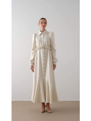 Miha Beli Lastik Kemerli Elbise Ekru