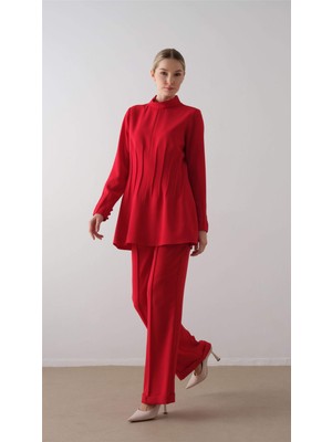 Miha Üst Bedeni Nervürlü Krep Takım Kırmızı