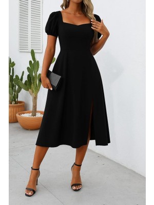 Dua Giyim Kadın Kısa Kollu Kare Yakalı Yırtmaçlı Midi Janjan Krep Elbise