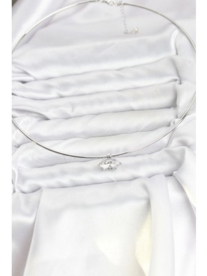 Pirinç Gümüş Renk Choker Model Zirkon Taşlı Kadın Kolye - Bamido