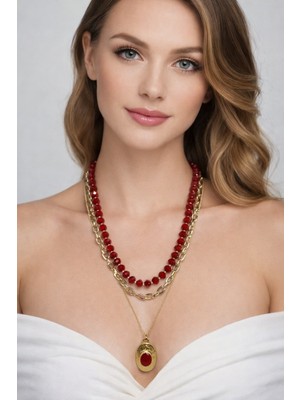 Solare Accessories Bordo Kristal Taşlı Çoklu Kolye