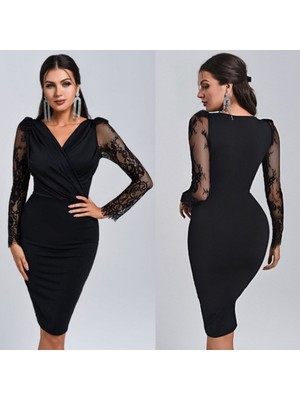 Trentzade Kadın Uzun Kollu Kruvaze Yaka Kollar Tül Detay Krep Mini Boy Elbise - L-XL - Siyah