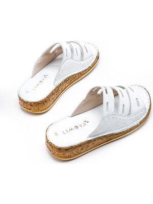 Limoya Hakiki Deri Beyaz Comfort Lazer Kesim Kadın Terlik