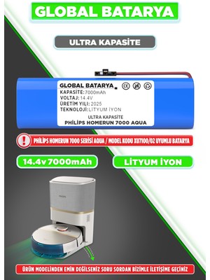 Global Batarya Philips Homerun 7000 Serisi Aqua XU7100/02 Robot Süpürge Bataryası 14.4V 7000MAH Li-Ion Pil (Ultra Kapasite)