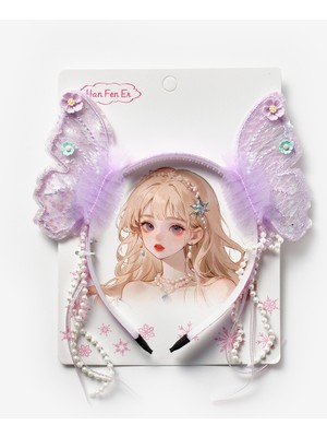 Le Mabelle Lila  İncili Kelebek Kanat Figürlü Kız Çocuk Taç