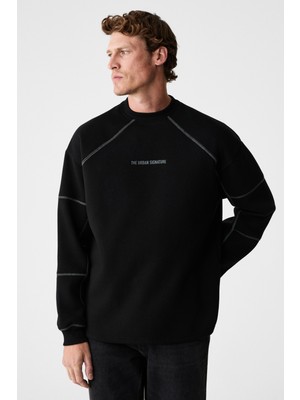 Grimelange HAL Erkek Yuvarlak Yaka Önünde Ve Kollarında Süs Dikiş Detaylı Baskılı Regular Fit Siyah Sweatshirt