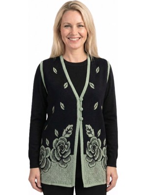 Oppland Kadın Siyah Anne Butik Yelek Triko Kışlık Üç Düğmeli Gül Motifli Likralı Yünlü Dokuma