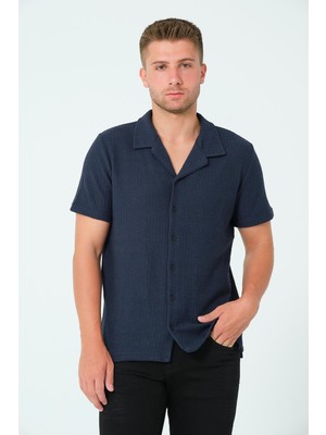 Polo State Erkek Waffle Dokulu Resort Yaka Regular Fit Kısa Kollu Lacivert Gömlek