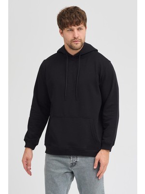 Polo State Erkek Siyah Standart Fit Normal Kesim Içi Polarlı 3 Iplik Kapüşonlu Pamuklu Sweatshirt