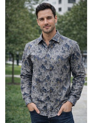 Polo State Erkek Slim Fit Çiçek Desenli Denim Gömlek