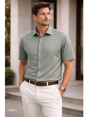 Polo State Erkek Kısa Kollu Kendinden Desenli Dokulu Slim Fit Gömlek Yeşil