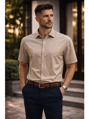 Polo State Erkek Kısa Kollu Kendinden Desenli Dokulu Slim Fit Gömlek Bej