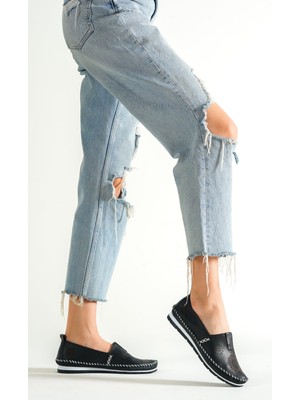 Tarçın Hakiki Deri Siyah Kadın Deri Babet TRC116-0065