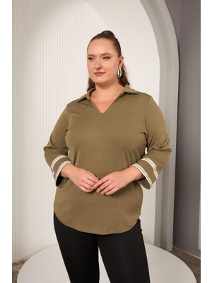 Rmg Büyük Beden Kol Nakış Detay Örme Bluz Haki