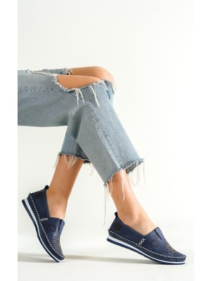 Tarçın Hakiki Deri Lacivert Kadın Deri Babet TRC116-0065