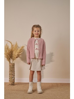 Magu Kız Çocuk Pamuklu Ekru Pembe Fiyonk Detaylı Hırka Etek Takım - 3'lü