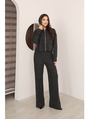 Moviment Antrasit Yumoş Kumaş Kapüşon ve Fermuar Detaylı Geniş Paça Yüksek Bel Pantolonlu Eşofman Takımı