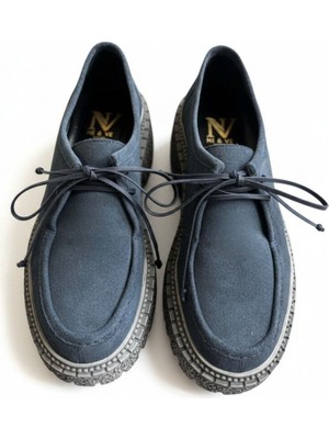 Ne&Ve Shoes Lacivert Süet Hakiki Deri Bağcıklı Kalın Desenli Tabanlı Kadın Günlük Casual Ayakkabı