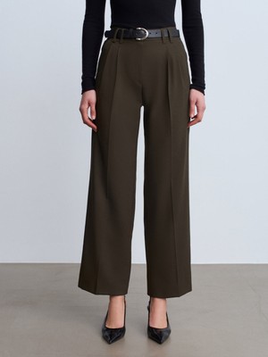 Dilvin 72171 Kemerli Pileli Kumaş Pantolon-Haki