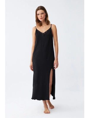 Çamaşır Kenti Kadın Ip Askılı Uzun Gecelik Siyah