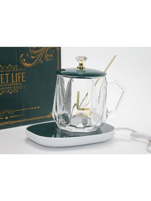 Tienda Fiesta Porselen Kapaklı Isıtıcılı Cam Kupa Bardak Dekoratif Hediyelik