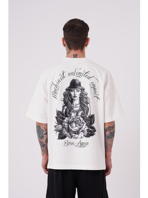 Machinist Erkek Rose Baskılı Oversize Tişört Ekru