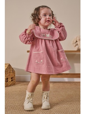 Magu Kız Çocuk Pamuklu Gül Kurusu Tavşan Nakışlı Yakalı Cepli Elbise - Uzun Kollu