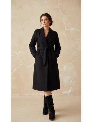 Libreprive Siyah Uzun Kaşe Kaban Uzun Palto Mont