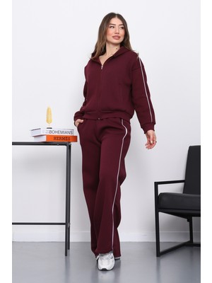 İmaj Butik Mürdüm Kapüşonlu Üç Iplik Sweat Hırka Pantolonlu Takım