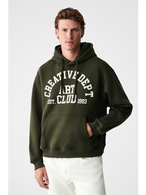 Grimelange Cassıan Erkek Önü Kabaran Baskılı Kapüşonlu Kordonlu Kanguru Cepli Haki Sweatshirt