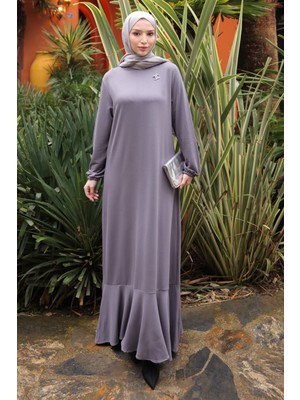 İmaj Butik Koyu Gri Eteği Katlı Kol Lastikli Modal Elbise