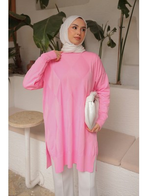 İmaj Butik Pembe Bisiklet Yaka Soğuk Iplik Triko Tunik