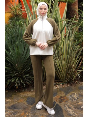 İmaj Butik Açık Haki Fermuarlı Garnili Sweat  Pantolonlu Takım