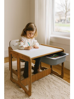 Bees Store Montessori Tek Kişilik Masa Sandalye Takımı, 18MM Ceviz-Beyaz Mdf, Gri Çekmeceli, Tek Kişilik Aktivite Masası