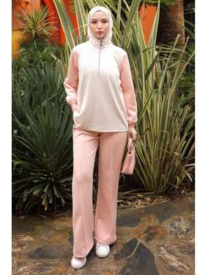İmaj Butik Somon Fermuarlı Garnili Sweat  Pantolonlu Takım