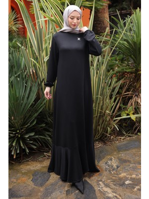 İmaj Butik Siyah Eteği Katlı Kol Lastikli Modal Elbise