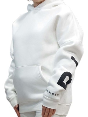 Kadın Beyaz Kapüşonlu Owersize Salaş Üç Iplik Sweat Shirt Ksk-Blk