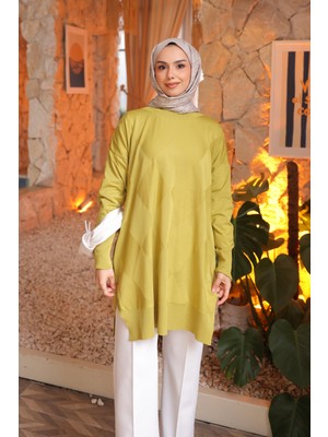 İmaj Butik Yağ Yeşili Bisiklet Yaka Soğuk Iplik Triko Tunik